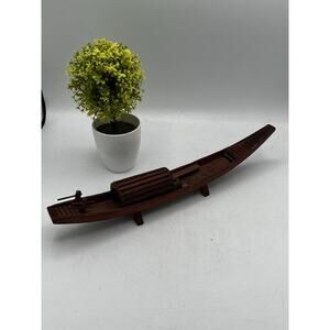 Vintage Handmade Wood Model River Boat Sampan Folk Art 15" Slatted Cabin Decor